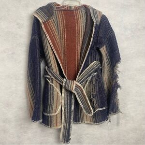 Vintage 70s Striped Woven Light Jacket Women Medium Hooded Sweater Cardigan Flaw